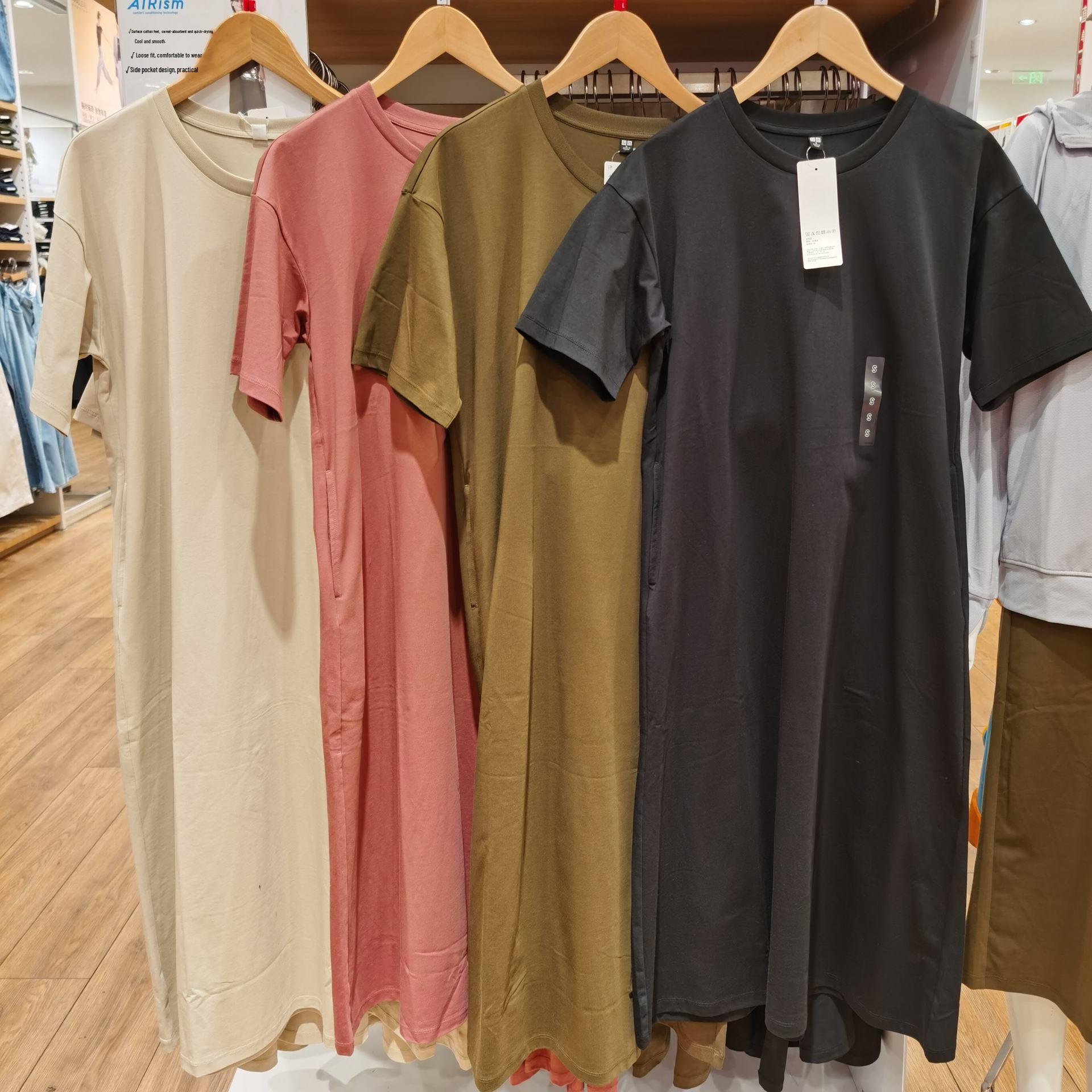 

Japanese Women s Quick-Dry Cotton T-Shirt Dress - Round Neck, Short Sleeve, Long Length, Sweat-Absorbent Pullover M