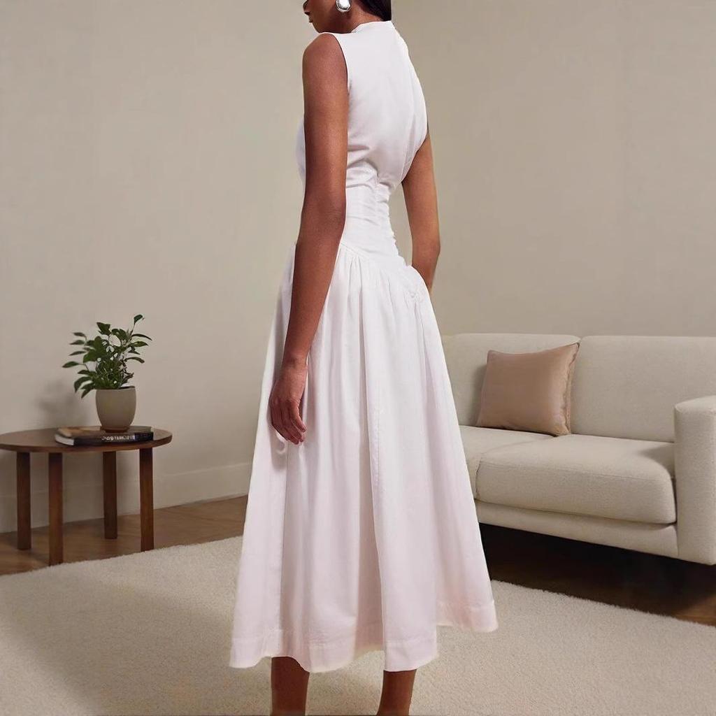 2025 Sommer Europäisches & Amerikanisches Damen Ärmelloses Kleid mit Hohem Kragen Einfarbig Taillenbetont
