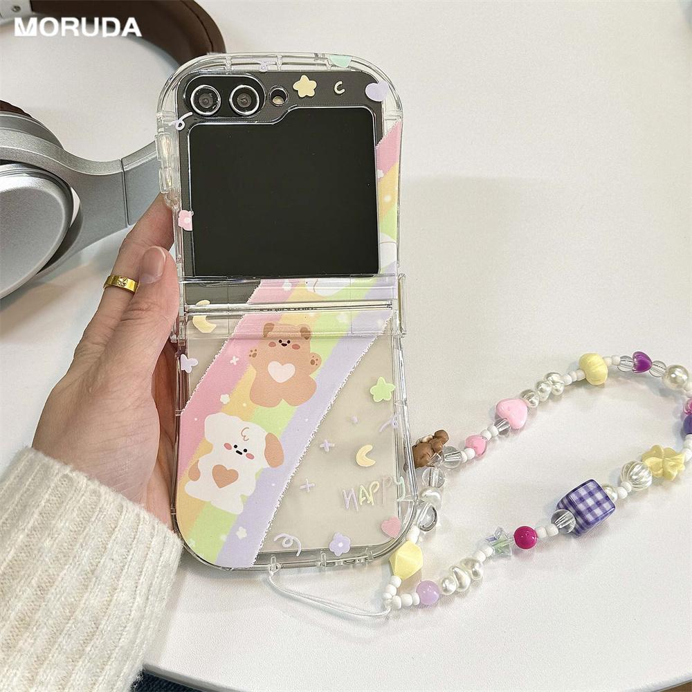 Braccialetto Orsetto Cartone Animato Carino Custodia Arcobaleno per Samsung Galaxy Z Flip 6 5 4 3 flip6 Catena da Polso con Perline Copertura Morbida in Silicone Antiurto