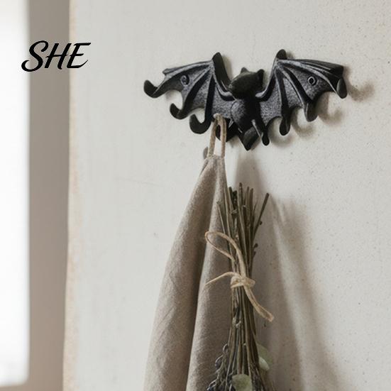 Key Holder Hook Bat Wall Hooks, Black Cast Iron Gothic Coat Rack with 2 Prongs, Rustic Metal Hanging Organizer for Keys Hats Scarves, Industrial Home