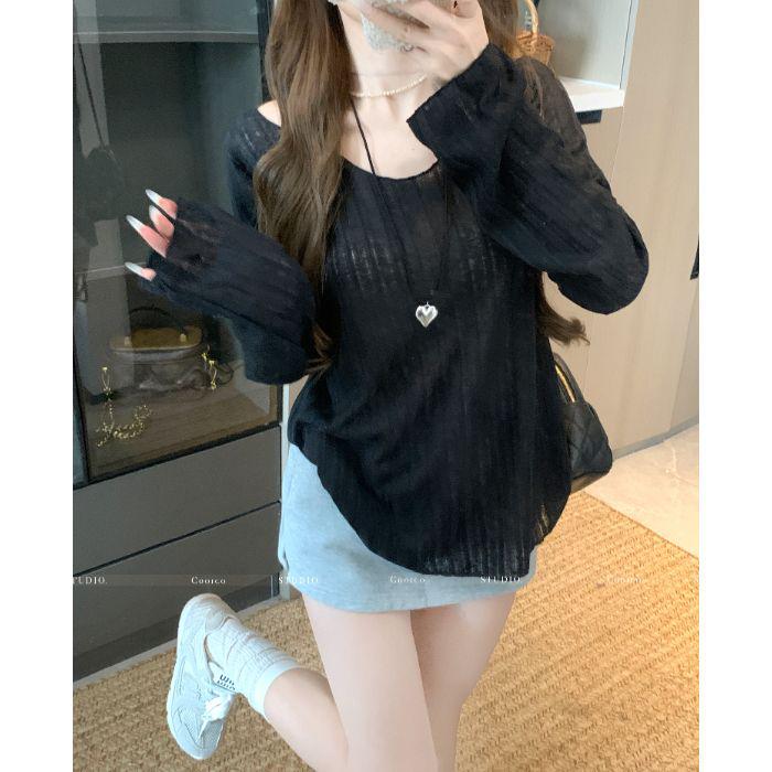 Summer Micro-Sheer Ruffle V-Neck Cardigan: Women's Long-Sleeve Loose Fit Lightweight Outerwear.