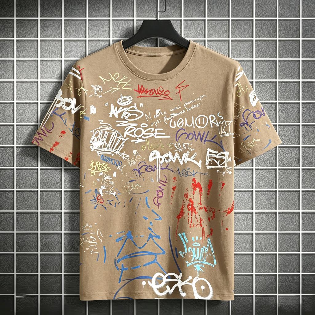 Colorful graffiti letter all-over print  crew neck short-sleeved T-shirt, skateboarding hip-hop casual short-sleeved shirt.