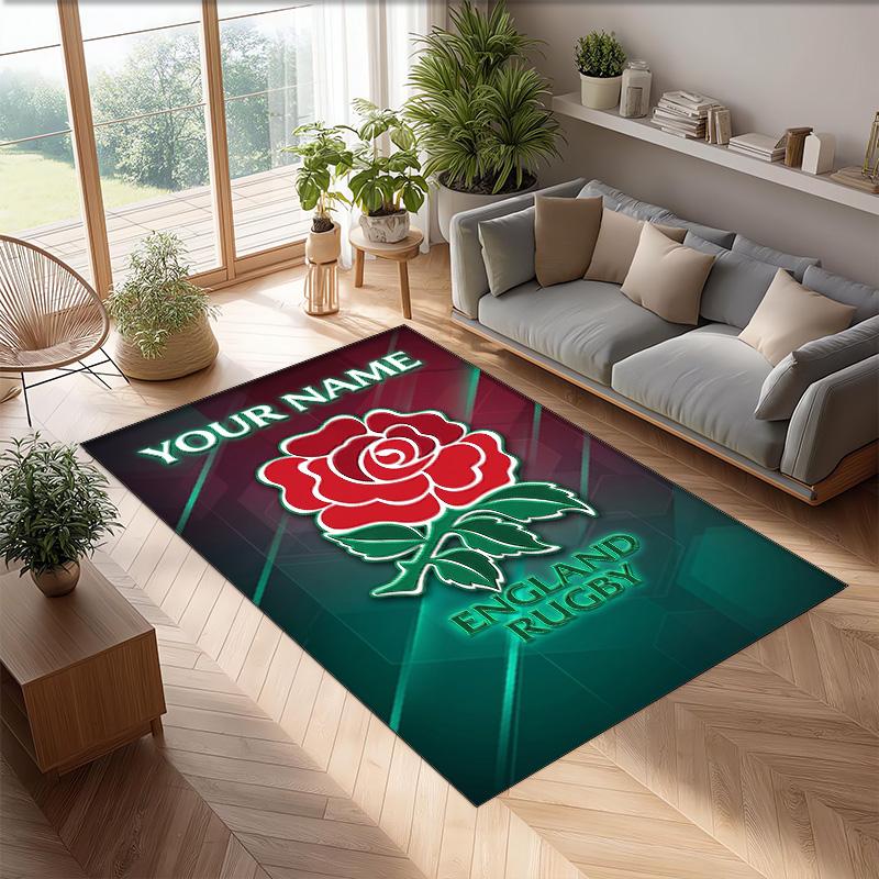 England Rugby Crystal Velvet Rug, Custom Name Text Personalized Non‑Slip Floor Mat for Home Decor Gift