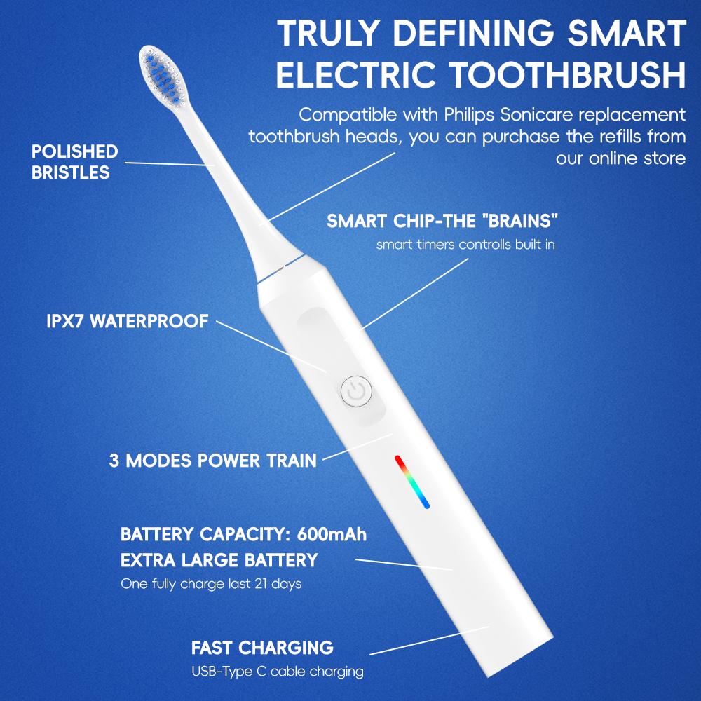 Electric Toothbrush, 6 Brush Heads & Travel Case, 3 Modes Rechargeable Electric Toothbrushes, Philips Toothbrush Head Compatible