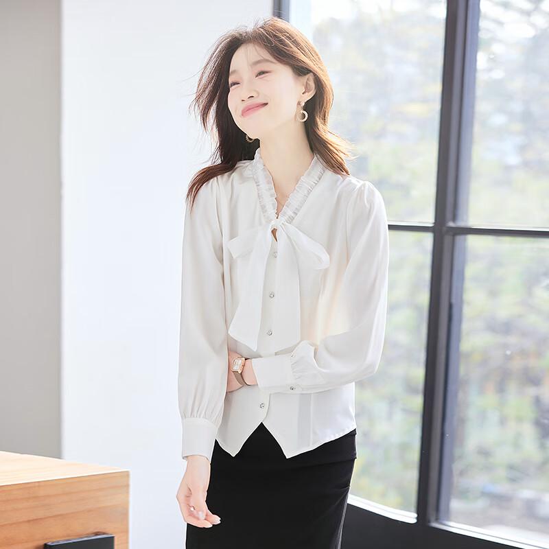 Troloman Women's V-Neck Bow Tie Long Sleeve Blouse