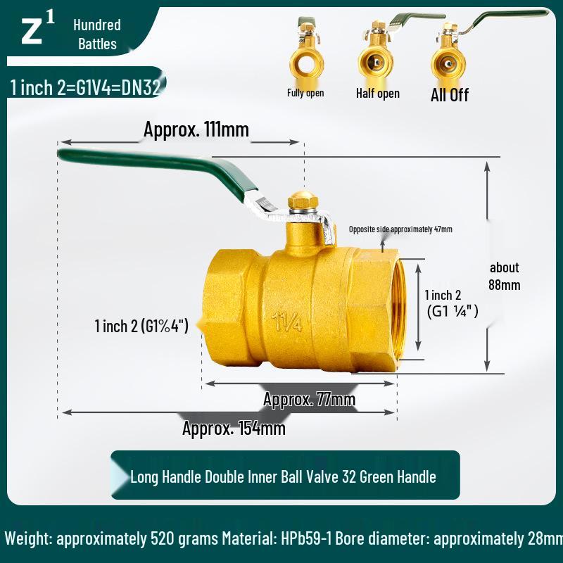 Brass Double Female Thread Ball Valve with Long Handle, Thickened for Water Heating, Available In Sizes: DN25, DN32, DN40, DN50.