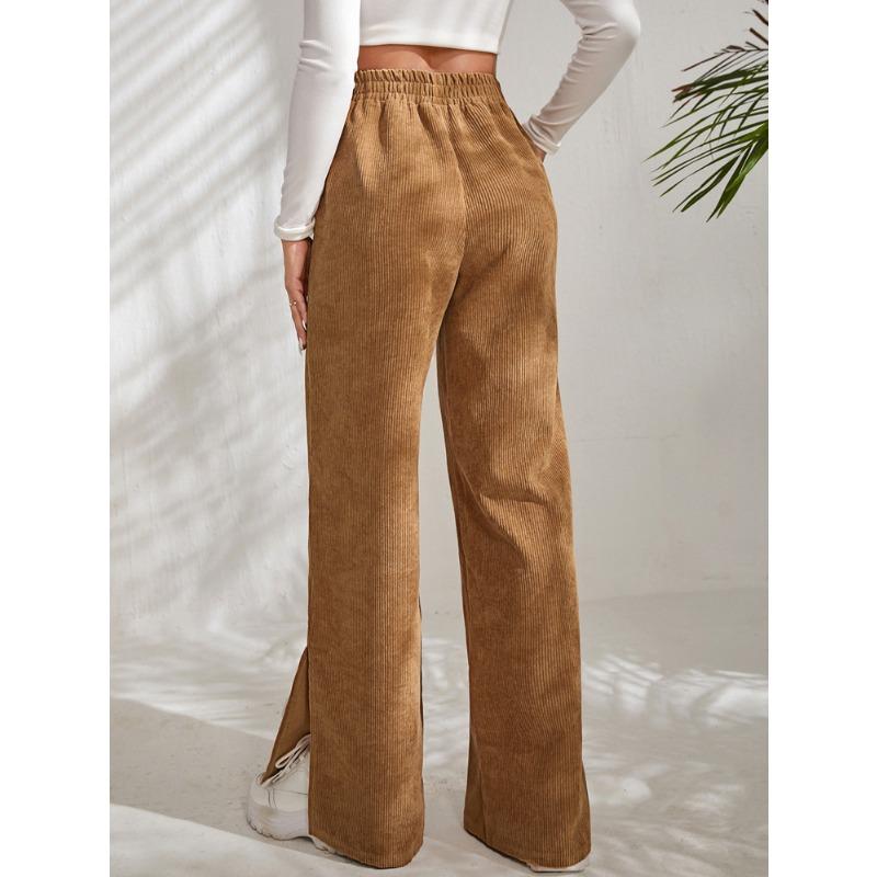 Spring and Autumn Women's Pants High Waist Casual Pants Solid Colour Corduroy Splicing Slit Hem Long Pants