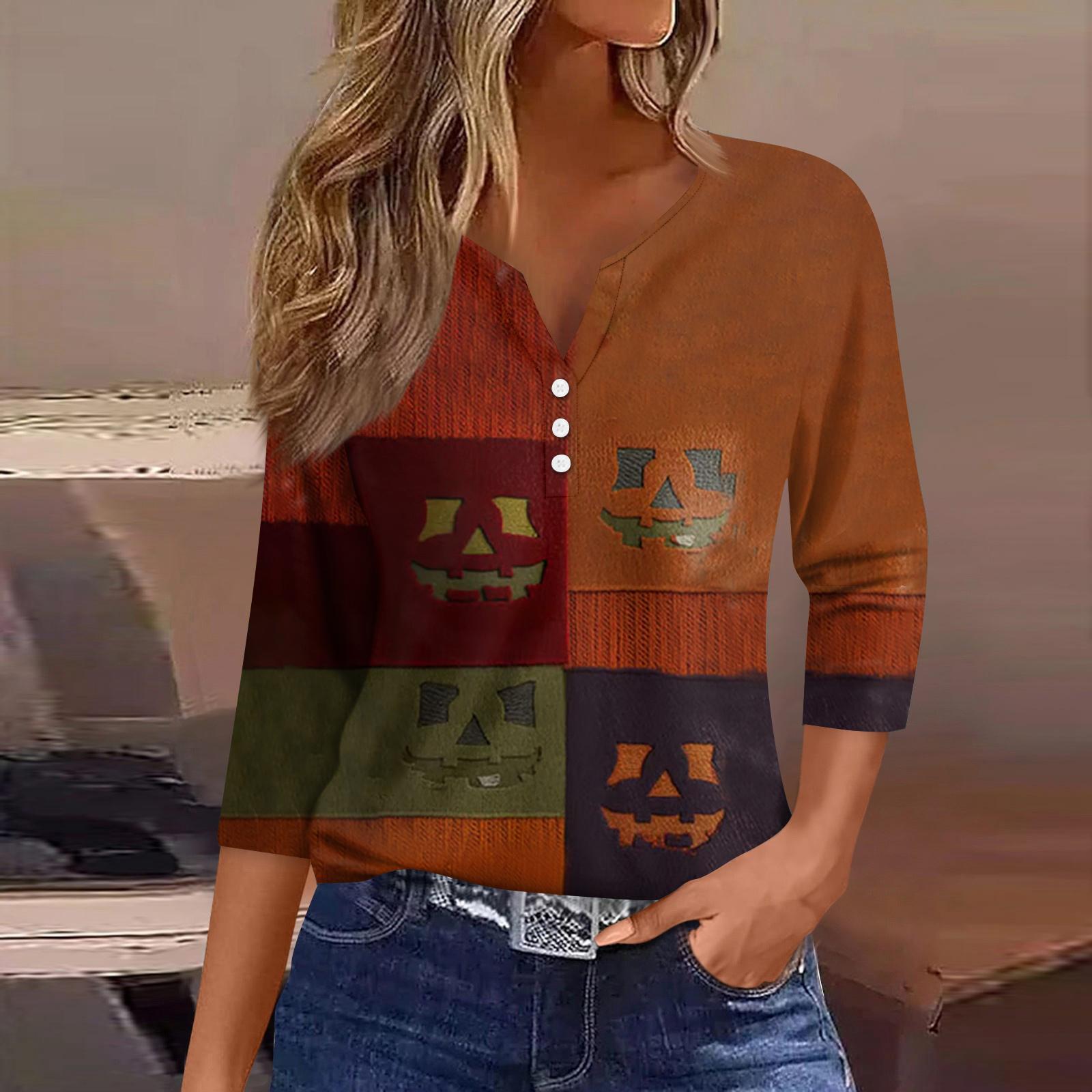 

Женская модная рубашка на пуговицах с V-образным вырезом и рукавом три четверти с принтом на Хэллоуин L