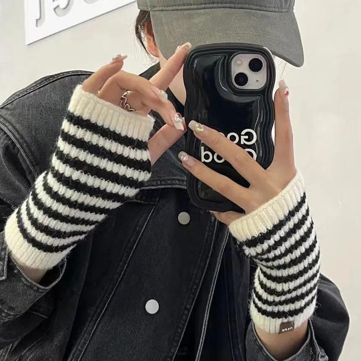 WTEMPO Manchette de poignet tricotée rayée Manchon de bras Gants demi-doigts coupe-vent Couple Coupe-froid Extensible Mitaines chaudes en laine