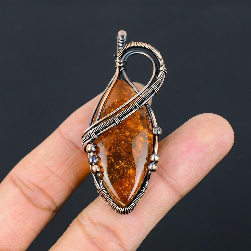 Natural Baltic Amber Gemstone Handmade Copper Wire Wrap Pendant 2.76" O3E20