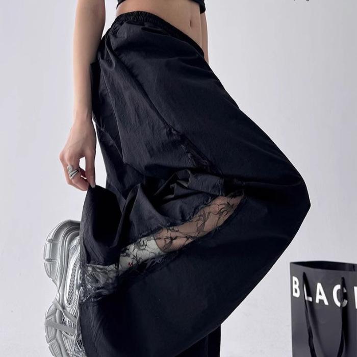 

Lace stitching overalls summer new thin women s hollow street dance pants white casual loose wide-leg trousers S