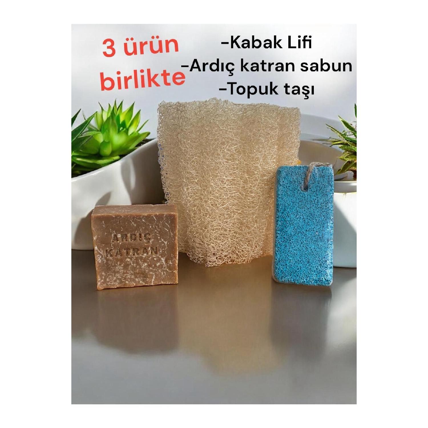 

Set Of 3 Natural Pumpkin Washcloth, Natural Juniper Tar Soap, Pumice Heel Stone, Peeling