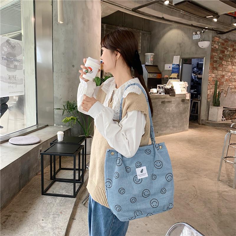 Vintage Corduroy Smiley Shoulder Tote Bag Female Student Class Canvas Bag Simple Handheld Bag Bag