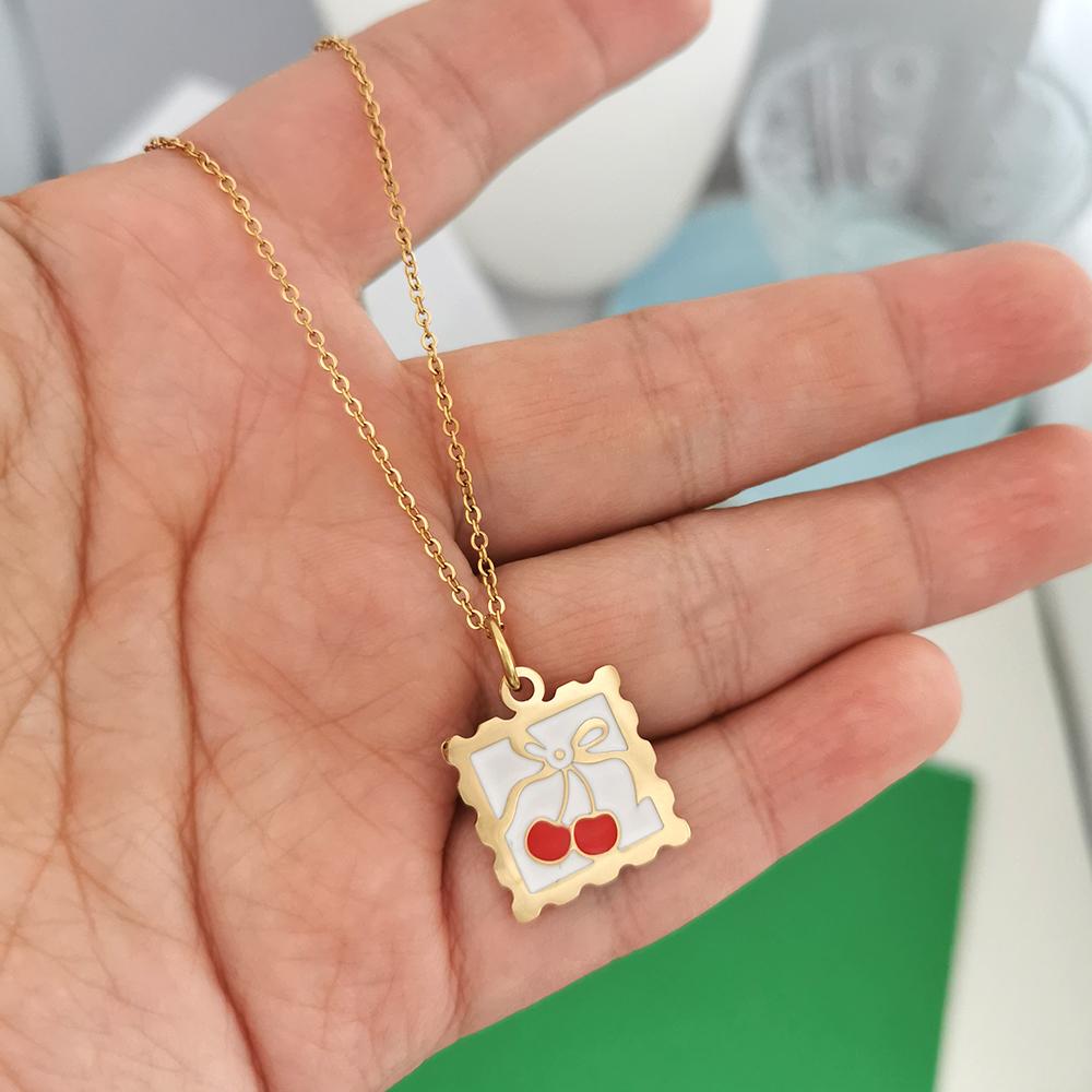 QMHJE Pendant Necklace Women Stainless Steel Strawberry Cherry Fish Lemon Slim Chain Choker Gold Waterproof