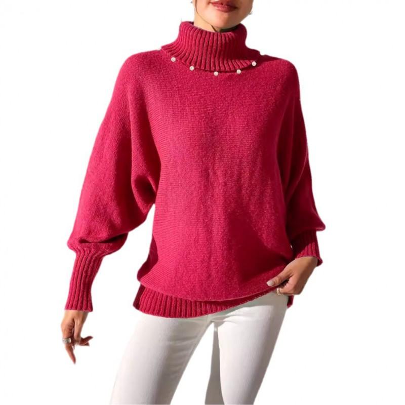 Womens High Neck Knit Sweater Solid Color Pearl Embellished Long Sleeve Pullover Winter Casual Streetwear