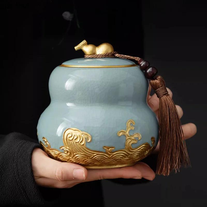 Gourd Shaped Ceramic Tea Jar Sealed Jar Tea Box Black Teas Green Teas Jar Teas Container Tea Canister Household Storage Jars