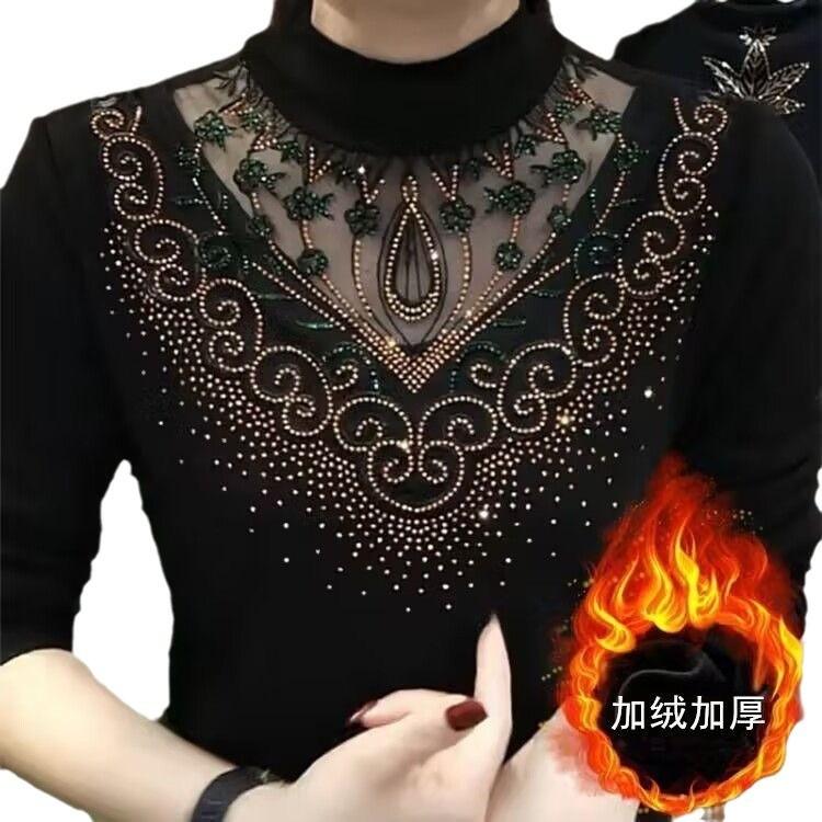 Middle-aged Semi-turtleneck Lace Stitching Mesh Long-sleeved Bottoming Shirt Women's Autumn and Winter Velvet Inner Top