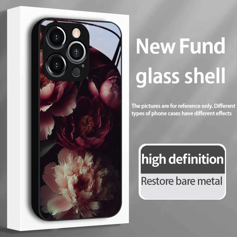 Dark Night Peony's graceful new glass case design is suitable for iPhone17 16 16promax 15 14 13 12 11 max