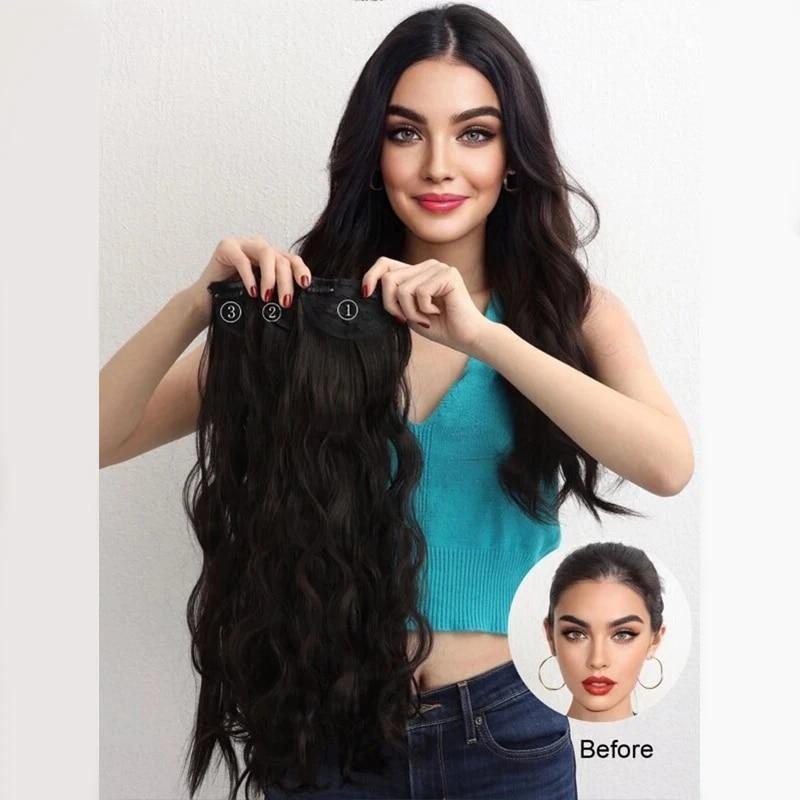 Extensii de păr sintetic, lung, drept, ondulat, ondulat, perucă falsă naturală, cu clipă pentru femeie, o singură bucată pentru femei