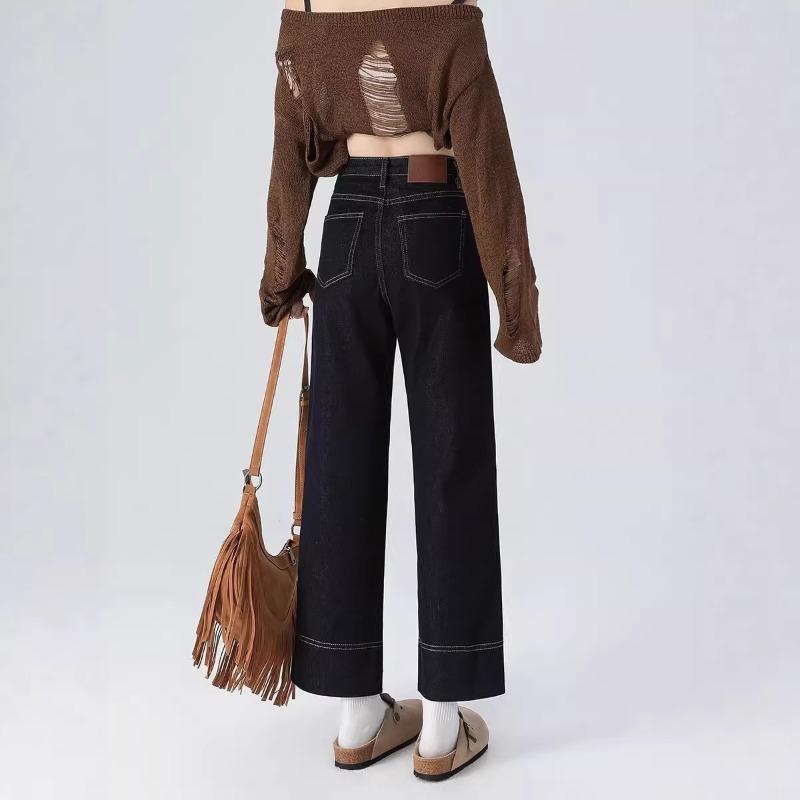 Straight jeans for women, new high-waisted spring and summer denim blue nine-point pipe baguette pants in autumn and winter
