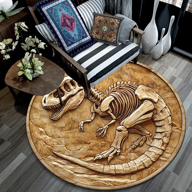 Dinosaur Fossil Relief Round Area Rug,Carpet Rug for Living Room Bedroom Sofa Playroom Decor,Non-slip Floor Mat