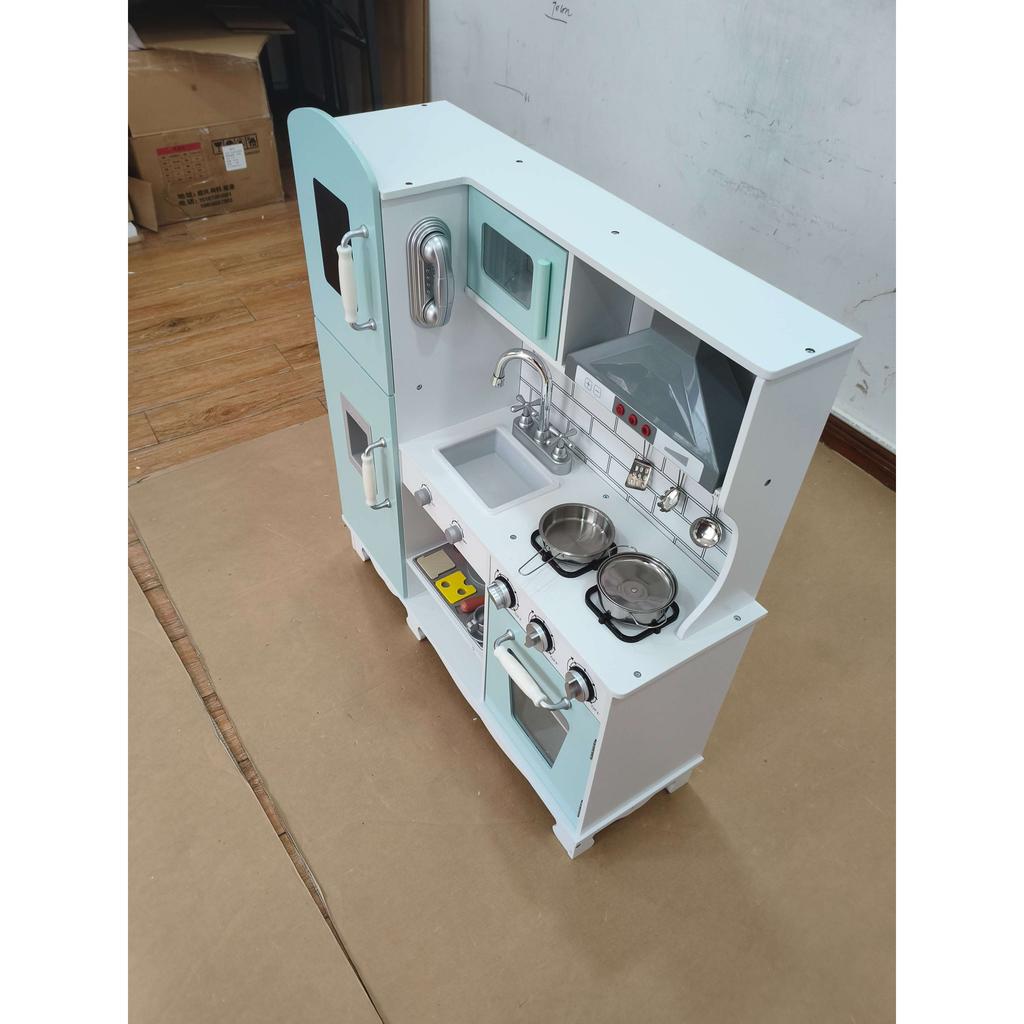 Wooden Toy Kitchen with Realistic Lights and Sounds Extractor Hood Water Dispenser Coffee Maker Refrigerator Oven