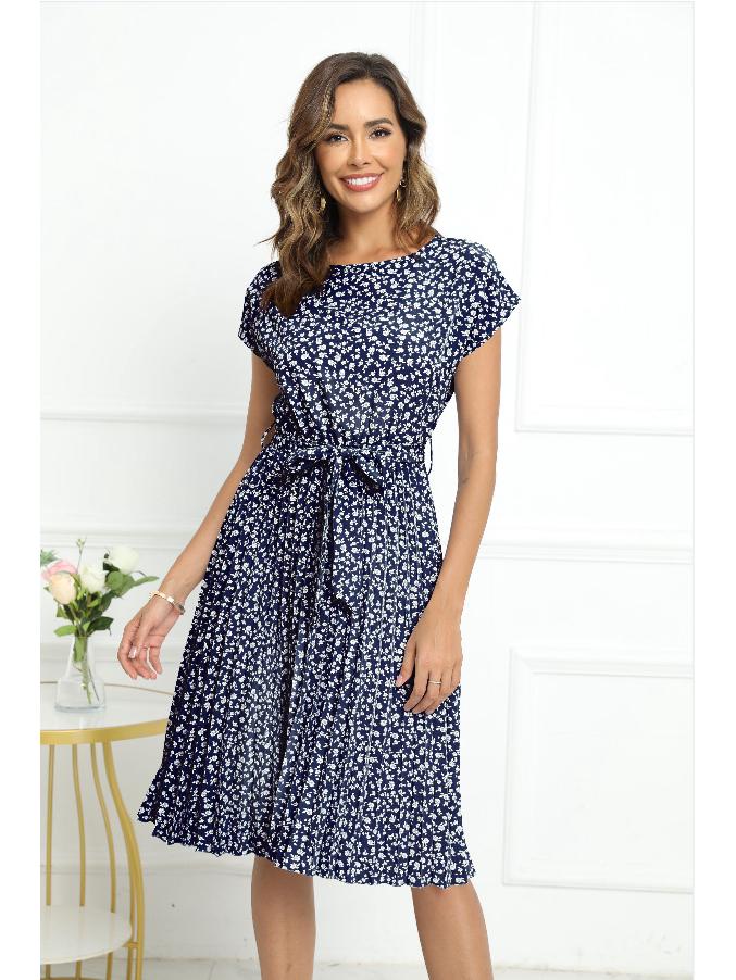 

Spring/Summer Floral Tie-Waist Pleated Dress - Women s Short Sleeve, 3 Colors XX-Large темно-синий
