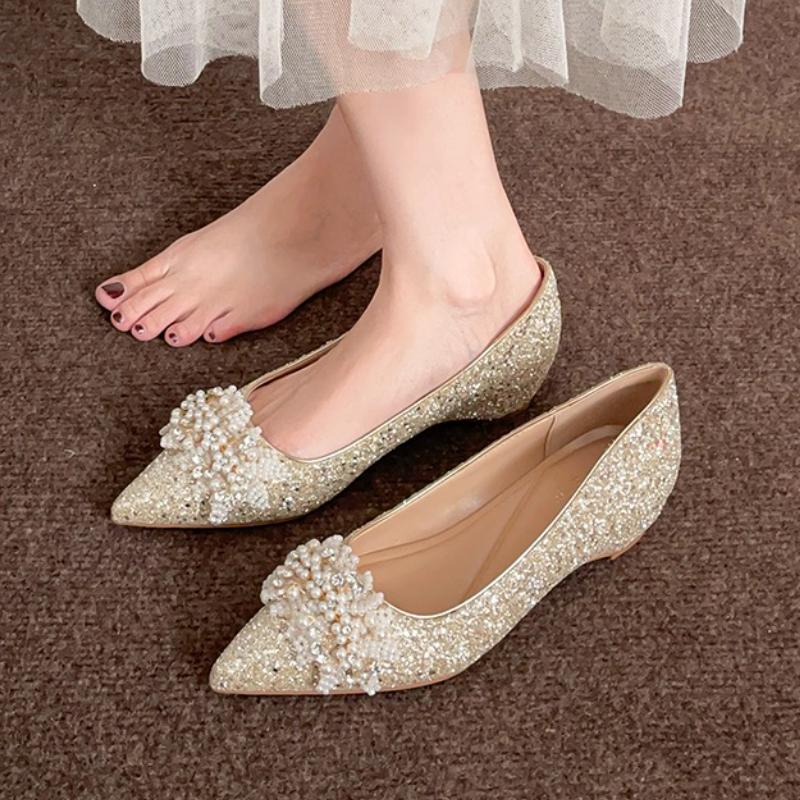 New Crystal Pearl Design Women Shoes Buckle Decorative Banquet Ladies Shoes Pointed Toe Pregnant Flats with Female Pumps
