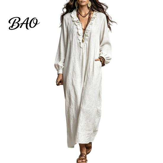 Solid Color Dress Women Ruffle V Neck Long Dress, Loose Fit Casual Midi Dresses Sleeves for Spring Autumn