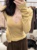 Yellow Cashmere Brushed V-Neck Slim-Fit Long-Sleeve Base Shirt for Women