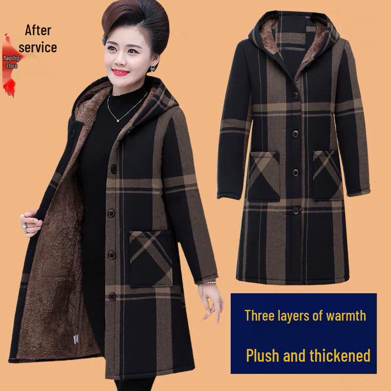 Winter Velvet Mid-Length Hooded Cotton Jacket for Elderly Women - Warm Thick Straight Cut Coat