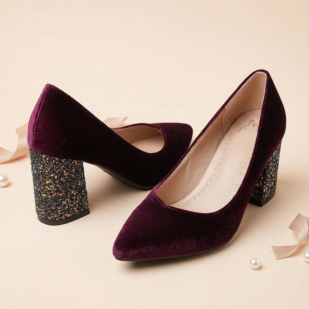 

2026 Spring Fashion Pink Women Velvet Pointed Toe Pumps Chunky Heel Lady Bridals Shoes Plus Size 12 43 45 48 34 вино красного