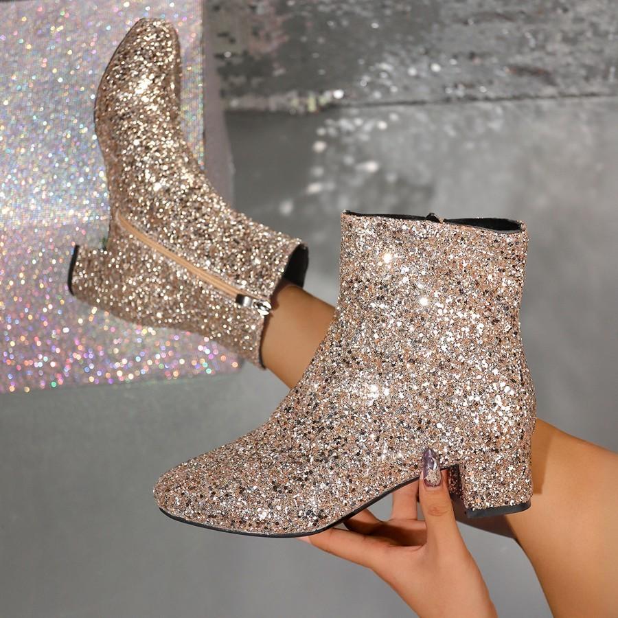 Boots Women Christmas Glitter Zipper Chunky Heel Ankle Boot Sequins Round Toe Chunky Heels Ankle Boots Party Shoes for Women
