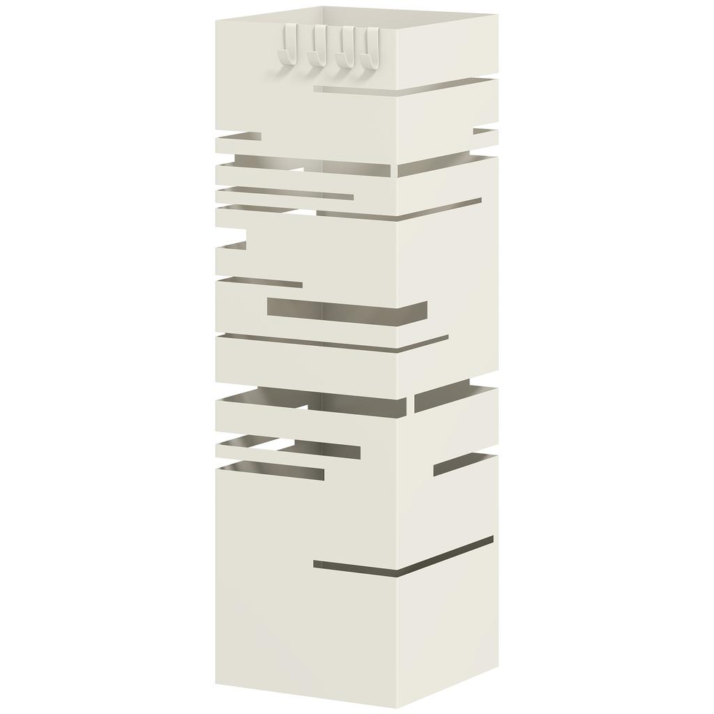 Quadratischer Metall-Schirmständer mit herausnehmbarer Tropfschale und 4 Haken, 15,5x15,5x49 cm, Beige