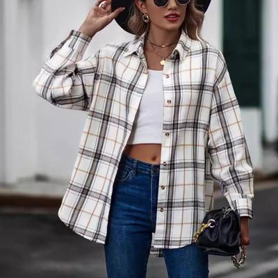 Plus Size S-2XL Women's Casual Plaid Patchwork Casual Long Sleeved Shirt with Lapel Button Top Blouse