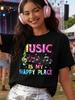 Musik ist mein glücklicher Ort Damen-T-Shirt - Bunte Musiknoten-Grafik, Lässiges Schwarzes Oberteil