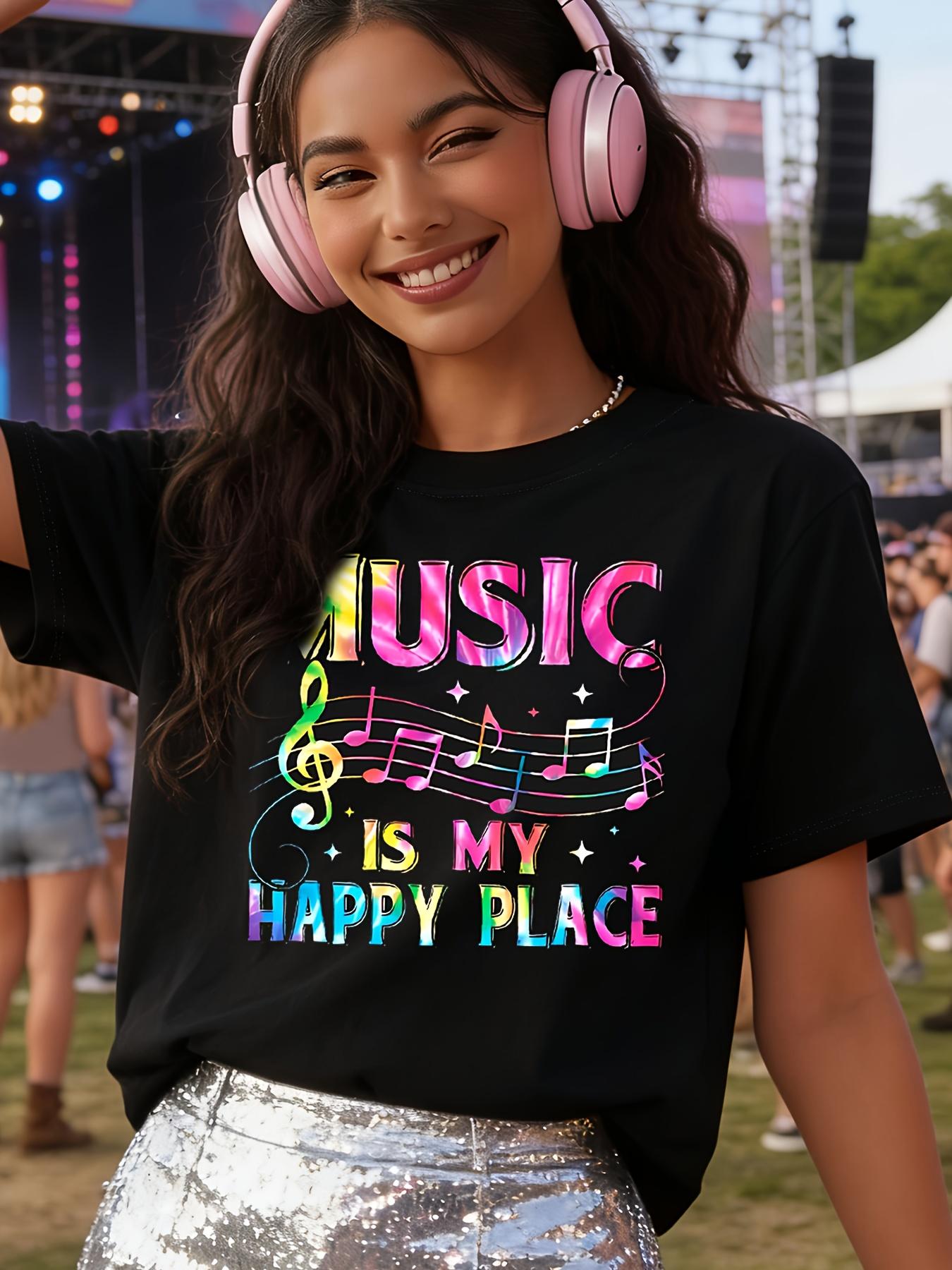 Music Is My Happy Place Women s Tee - Colorful Music Note Graphic, Casual Black Top S