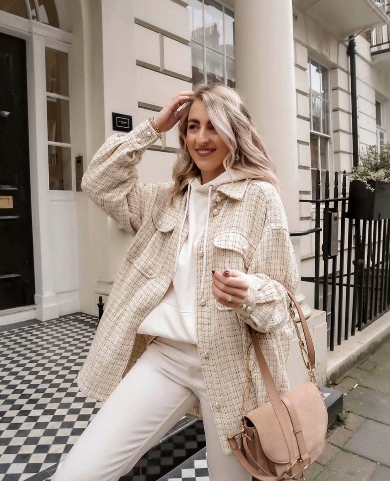 

Women Trend Casual Houndstooth Lapel With Pocket Shirt Woolen Mid-length Coat