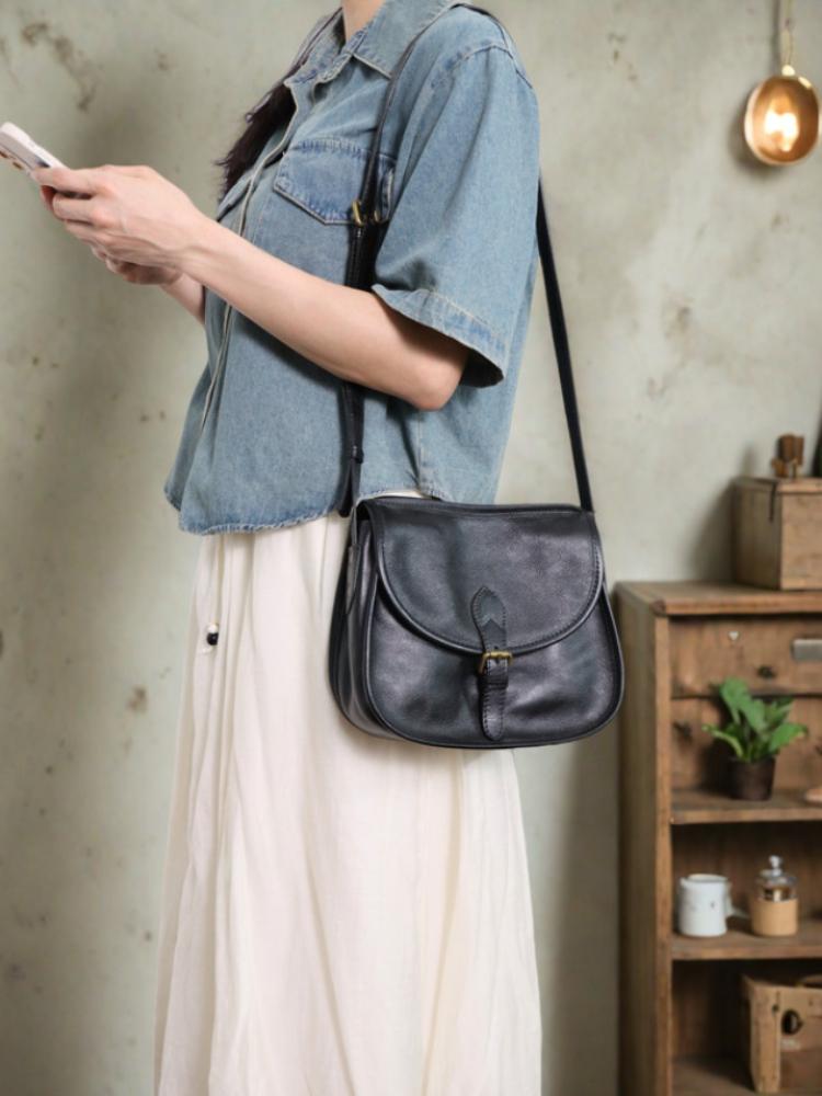 Johnature Retro Saddle Bag Soft Cowhide Crossbody Bag Genuine Leather Versatile Women's Shoulder Bag