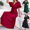 Elegant Summer Maxi Dress V Neck Short Sleeve Solid Color Pleated Long Dress Women Fashion Spring Summer Sizes S XL