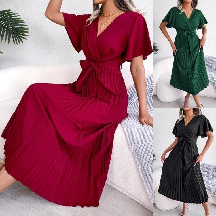 Elegant Summer Maxi Dress V Neck Short Sleeve Solid Color Pleated Long Dress Women Fashion Spring Summer Sizes S XL