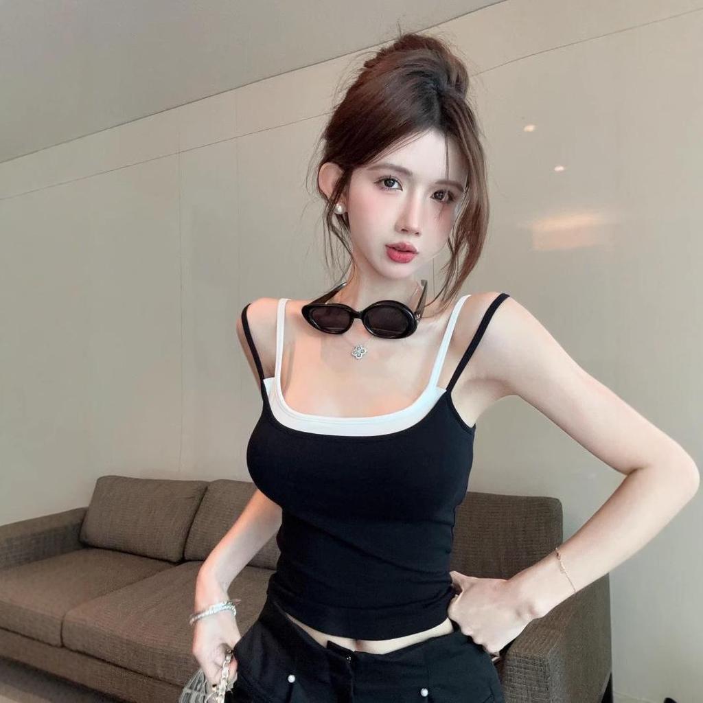 Dámské černé falešné dvoudílné tílko s vycpávkami na prsou - Unikátní thajský design, Sladký a pikantní krátký top