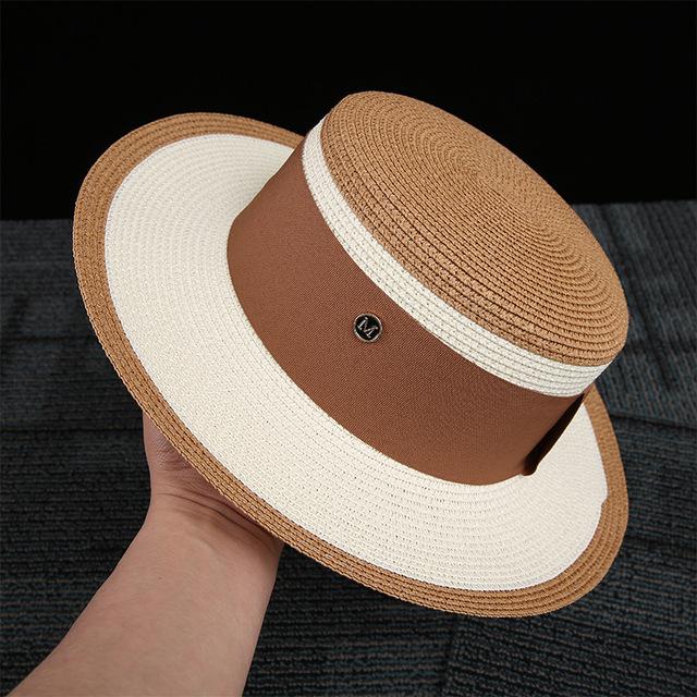 Women's summer beach straw hat beach shade sun protection color blocked flat top sun hat British versatile top hat