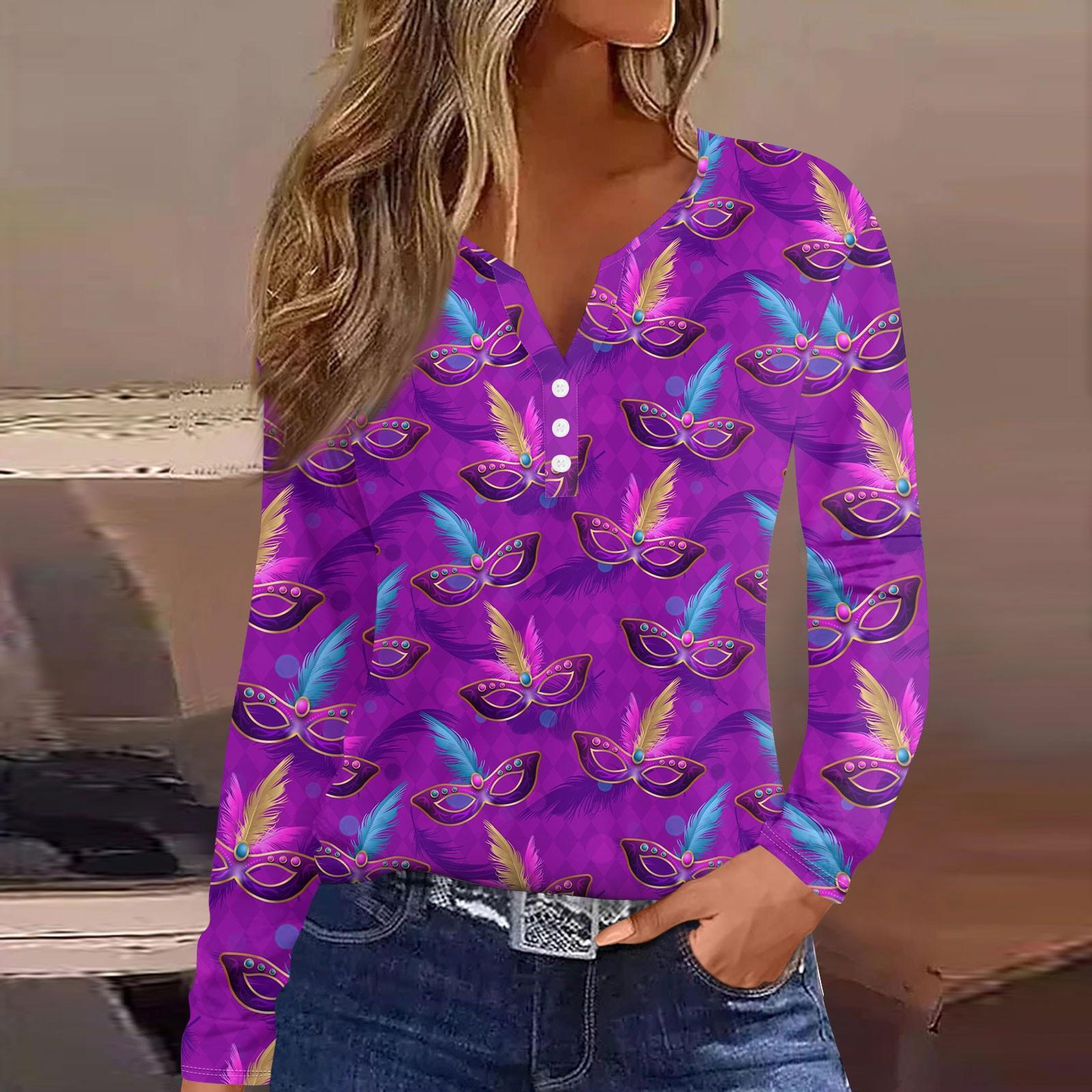 

Женская мода повседневная футболка с принтом Марди Гра и V-образным вырезом, длинным рукавом, на пуговицах S фиолетовый