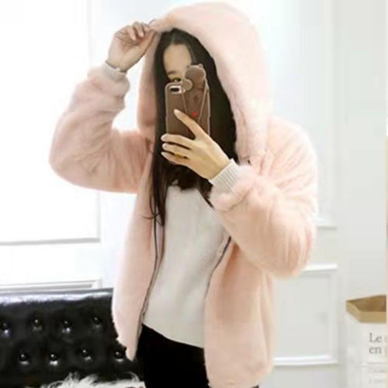 Autumn and winter new light fur coat women's imitation mink hair hooded short plush coat women