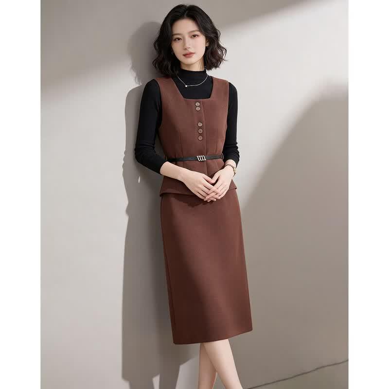 Women's Half-High Collar Base Shirt & Vest Dress Two-Piece Set