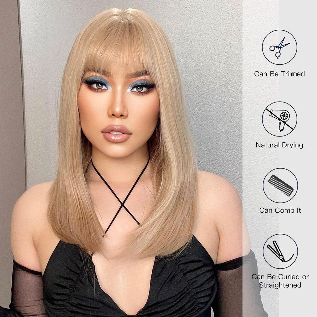 HAIRCUBE Long Straight Blonde Synthetic Wigs With Bangs for Women Daily Cosplay Wigs Heat Resistant Natural Hairline Wigs