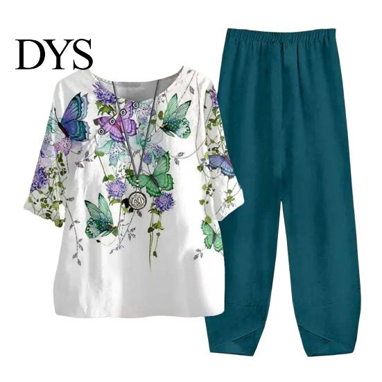Spring And Summer Printed Outfit 2 Pcs/Set Women T-shirt Pants Set Homewear Floral Print Round Loose Style Sleepwear Neck Half Sleeve Top Wide