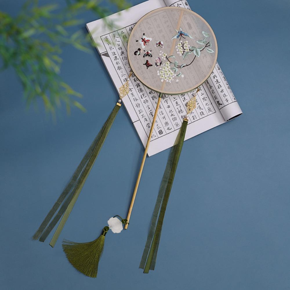 Embroidered Chinese Style Round Fan Classical Hanfu Hand Fan Long Handle Silk Fan Hanfu Cheongsam