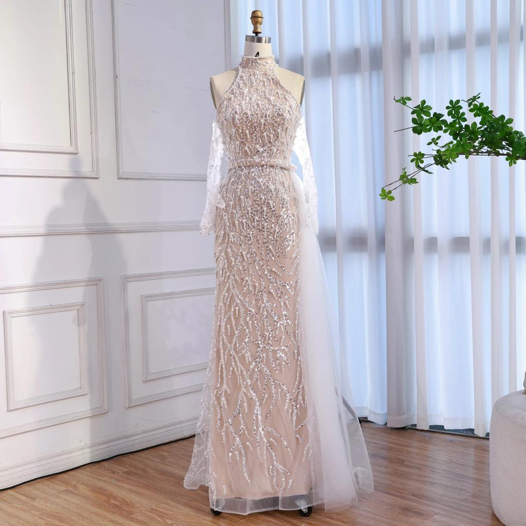 White nude light luxury high-end elegant suspender pearl bead dress host banquet dress LA11111F